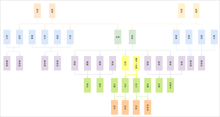 并结合亲戚关系完善图示;   4,利用图表,样式,文本等节点